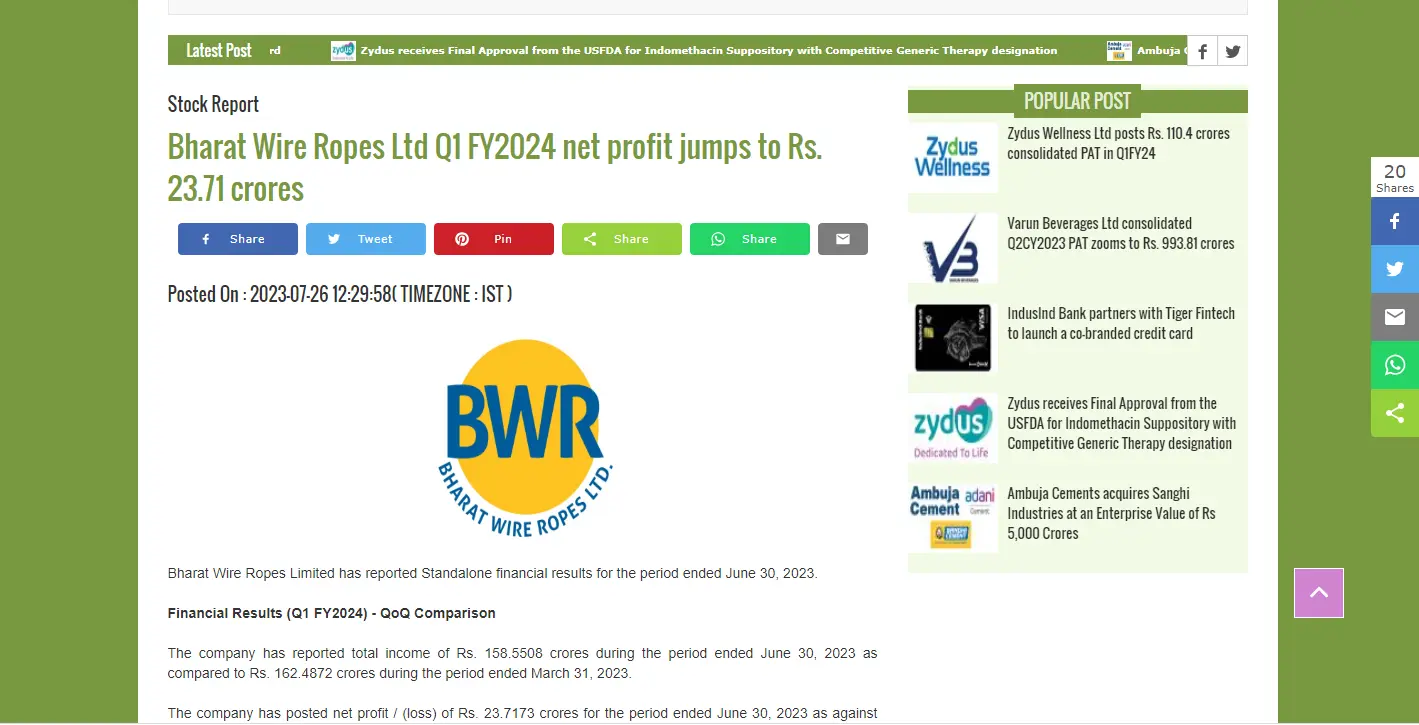 Bharat Wire Ropes Ltd Q1 FY2024 net profit jumps to Rs. 23.71 crores